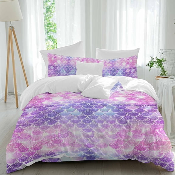 Pink Purple Fish Scales Queen Size Comforter Set, Dreamy Gradient Shiny Mermaid Scale Bedding for All Seasons, 4 Pcs Bed Set, 1Quiltcover (90"x92") ,1Sheet(94"x116"), 2Pillowcases (30"x20")
