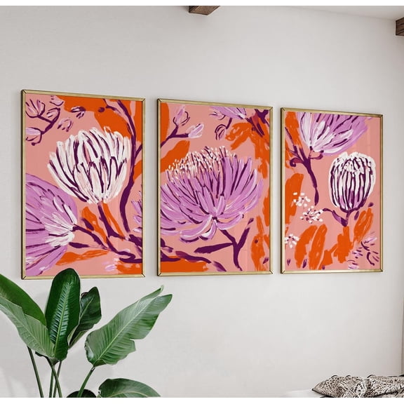 Pink Purple Floral Abstract Flower Triptych Botanical Decor Art Version Two Set 3 Unframed Paper Print 8x12