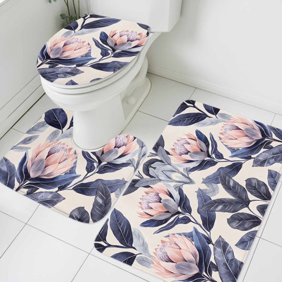 Pink Purple Floral Bathroom Rugs Set Abstract Flower Botanical Art Oil Painted Texture Non Slip Absorbent Bath Mats 3 Piece Set with Bathroom Rug, U-Shaped Floor Mat, Toilet Seat Cover Small Size