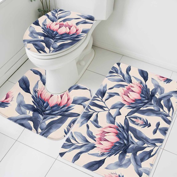 Pink Purple Floral Bathroom Rugs Set Rustic Flower Botanical Art Oil Painted Texture Non Slip Absorbent Soft Bath Mats 3 Piece Set with Bathroom Rug, U-Shaped Floor Mat, Toilet Seat Cover Small Size