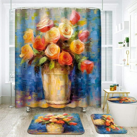 Pink Purple Floral Bathroom Set with Shower Curtain and Rugs Accessories, Flowers Floral Summer Spring Shower Curtain Set, Pink Floral Vintage Shower Curtain for Bathroom Decor 4 Pcs