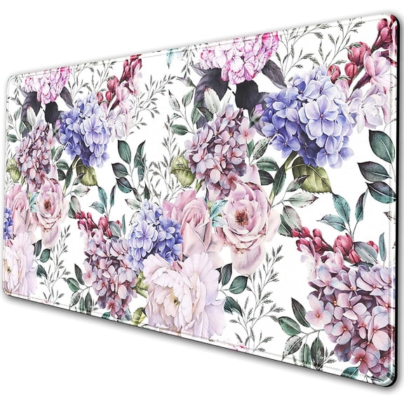 Pink Purple Floral Extended Mouse Pad Large Keyboard Mousepad,Non-Slip Rubber Base Mouse Mat with Stitched Edge XXL Desk Pad Protector for Computer Laptop PC 31.5x15.75 Inch, Hydrangea Peony Flower