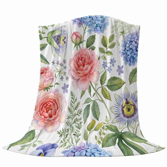 Pink Purple Floral Fleece Throw Blanket Watercolor Rose Passionflower Floral Ultra Soft Fuzzy Cozy Flannel Throw Blanket for Couch Sofa Bed Car Travel, Ideal Gifts 40x50 Inches