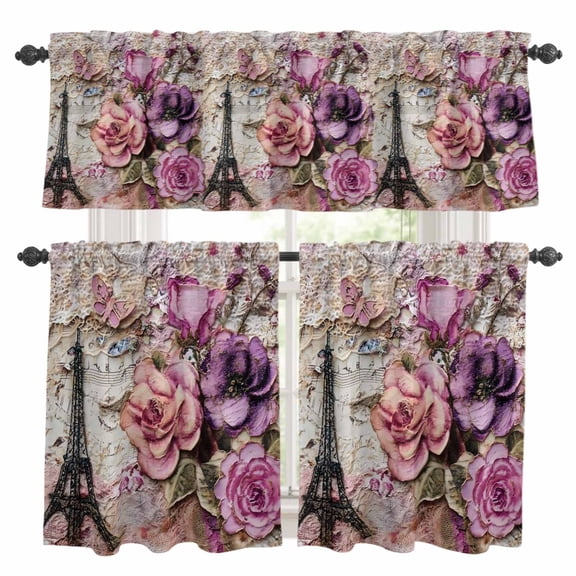 Pink Purple Floral Kitchen Curtains and Valances Set, Vintage Paris Eiffel Tower Sheet Music Rod Pocket Window Valance Window Curtain Panels for Living Room Bedroom Laundry, 27.5x36in, 3 Pieces