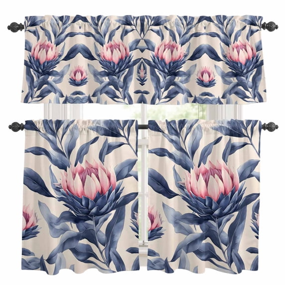 Pink Purple Floral Kitchen Curtains Valances and Tiers Set of 3 Rustic Flower Botanical Art Oil Painted Texture Tier Curtains and Valance with Rod Pocket for Small Windows, 27.5"x36"