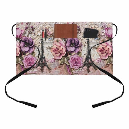 Pink Purple Floral Kitchen Restaurant Half Waist Apron, Vintage Paris Eiffel Tower Sheet Music Texture Server Short Apron with 3 Pockets Waterproof Oil Waist Aprons for Women Waitress Waiter