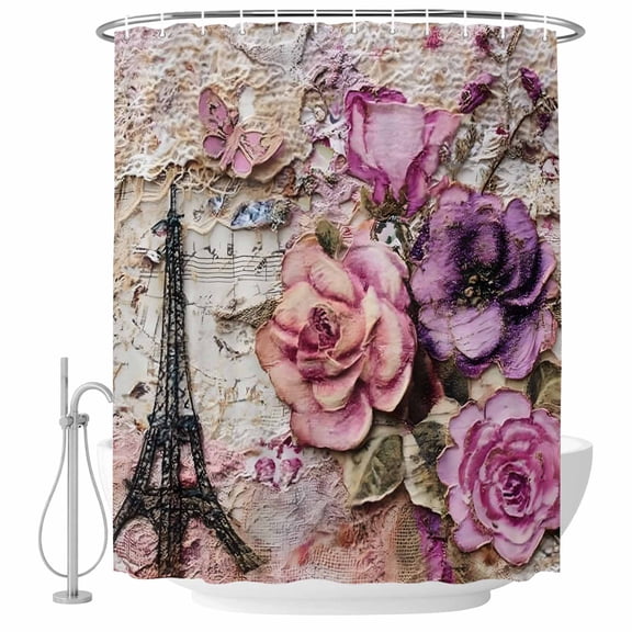 Pink Purple Floral Shower Curtain for Bathroom, Vintage Paris Eiffel Tower Sheet Music Texture Waterproof Cloth Fabric Bathroom Accessories Set with 10 Rust Proof Plastic Hooks, 48"x72"