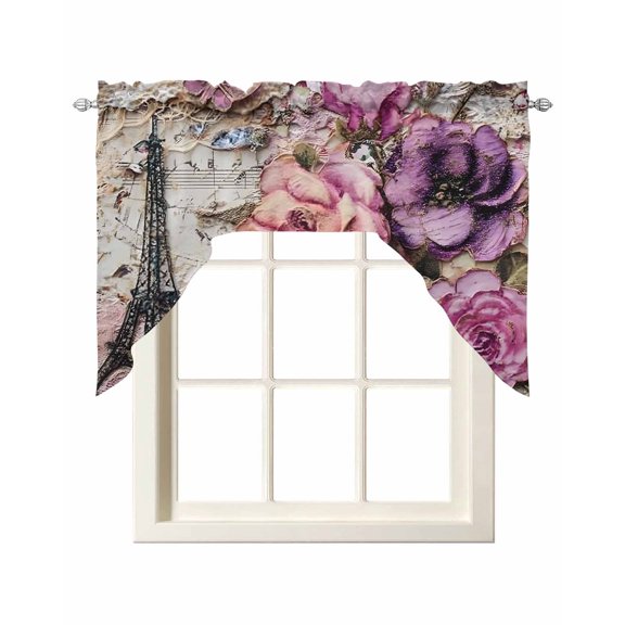 Pink Purple Floral Swag Valances for Windows 56 x 36 Rod Pocket Light Filtering Window Topper Vintage Paris Eiffel Tower Sheet Music Texture for Kitchen Bathroom Bedroom Living Room