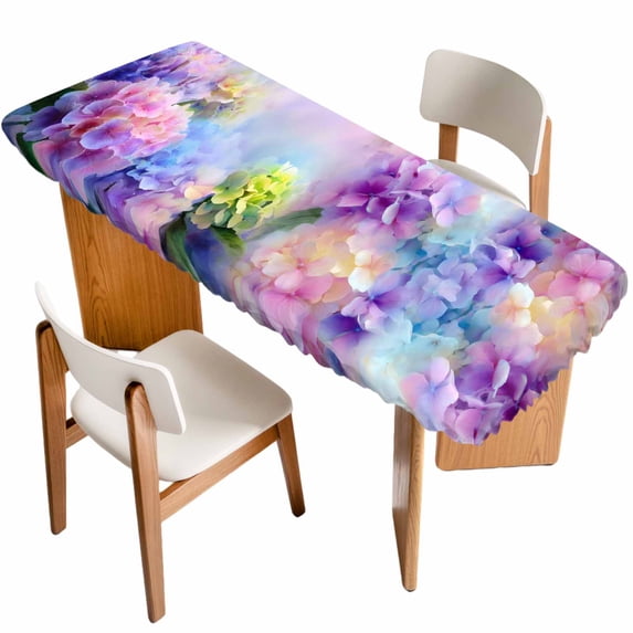 Pink Purple Floral Table Cloths for 8 Foot Rectangle Tables, Spring Hydrangea Flower Fantasy Botanical Patio Waterproof Elastic Fitted Tablecloths, Washable Rectangular Table Cover for Camping
