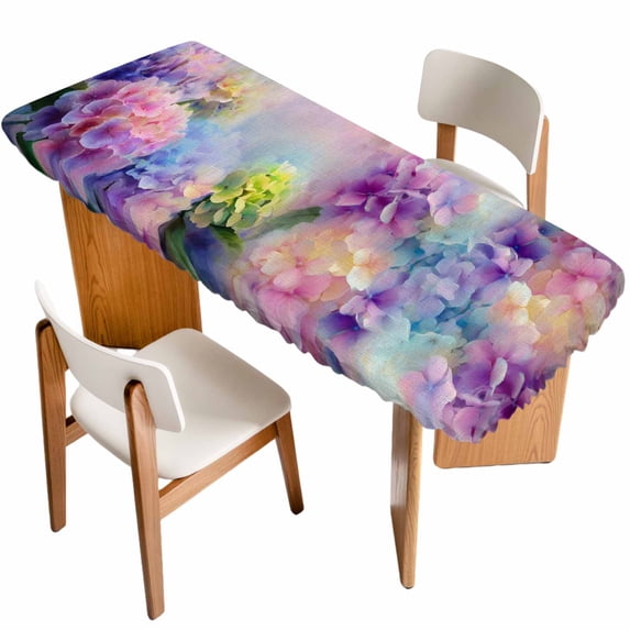 Pink Purple Floral Table Cloths for 8 Foot Rectangle Tables, Spring Hydrangea Flower Vintage Botanical Patio Waterproof Elastic Fitted Tablecloths, Washable Rectangular Table Cover for Camping