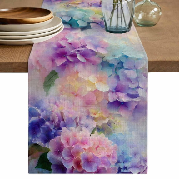 Pink Purple Floral Table Runner 72 Inches, Spring Hydrangea Flower Vintage Botanical Bed Runner Dresser Scarves Tabletop for Indoor Outdoor Parties/Ceremony/Banquet, 13" x 72"