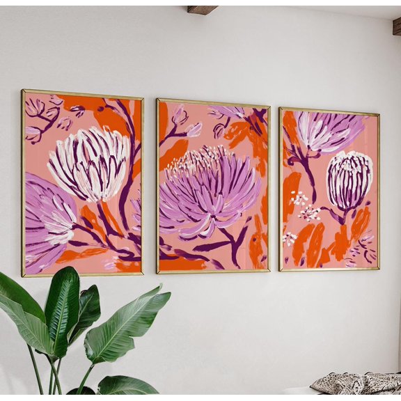 Pink Purple Floral Wall Art Set Abstract Flower Triptych Posters 3 Piece Botanical Decor Set 3