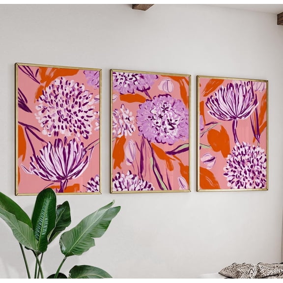Pink Purple Floral Wall Art Set Abstract Flower Triptych Posters 3 Piece Botanical Decor Set 3