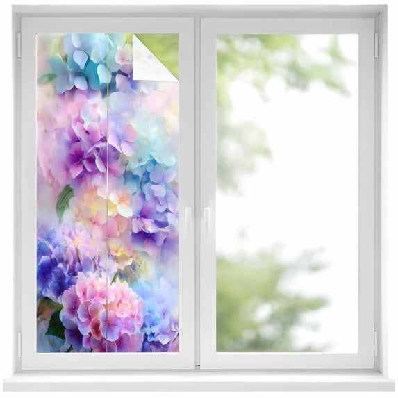 Pink Purple Floral Window Privacy Film, Spring Hydrangea Flower Fantasy Botanical Static Cling UV Sun Blocking Heat Control Window Tint Day and Night, Non-Adhesive One Way Privacy Cover 17.7''x39.3''