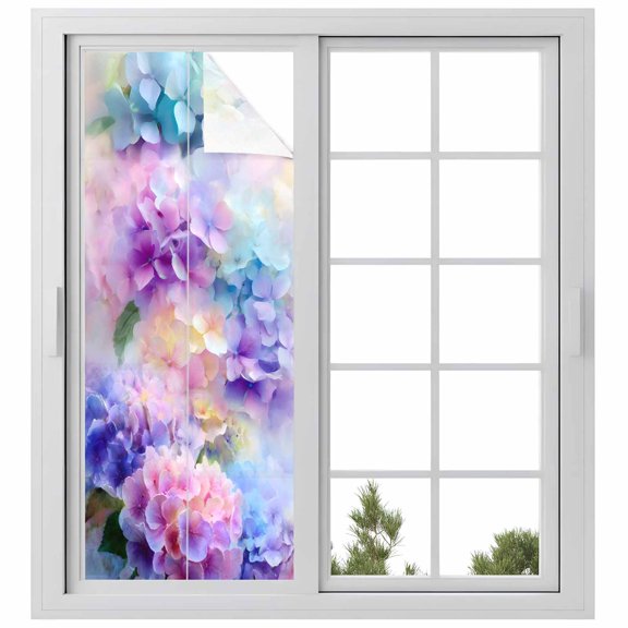 Pink Purple Floral Window Privacy Film, Spring Hydrangea Flower Fantasy Botanical Static Cling UV Sun Blocking Heat Control Window Tint Day and Night, Non-Adhesive One Way Privacy Cover 23.6''x59''
