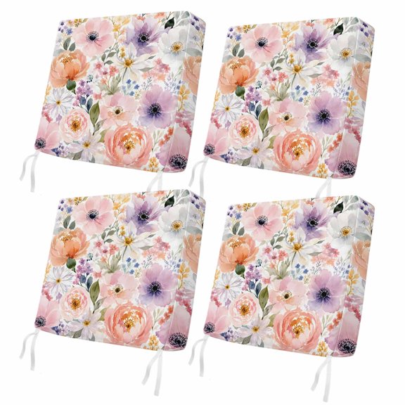 Pink Purple Flower 4 Pcs Patio Cushion Covers, Watercolor White Daisy Shabby Chic Waterproof Outdoor Cushion Cover, Replacement Washable Sofa Chair Seat Cover with Zipper 24"x24"x4"