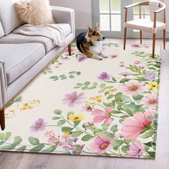 Pink Purple Flower Area Rugs 2.7'x5', Washable Small Throw Rugs for Kitchen Bedroom, Spring Farmhouse Country Floral Leaf Indoor Outdoor Rug Non-Slip Low Pile Carpet Runner Reversible Floor Mats