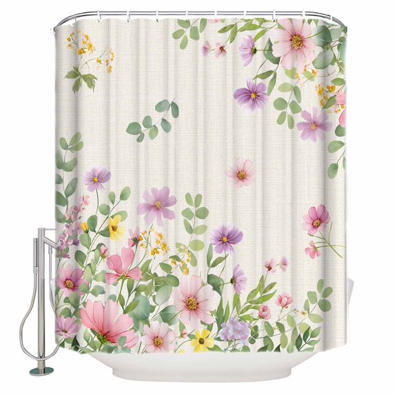 Pink Purple Flower Bathroom Shower Curtains with 12 Hooks Polyester Waterproof Shower Curtain for Stalls and Bathtubs Spring Farmhouse Country Floral Leaf Decorative Bathroom Curtain 36x72 Inches