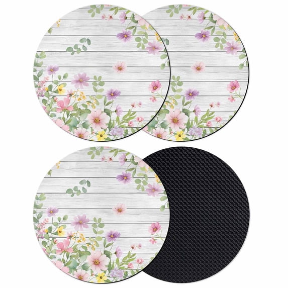 Pink Purple Flower Coasters Set of 4, Absorbent Coasters for Drinks, Spring Farmhouse Floral Leaf Wood Grain Coaster for Desk Coffee Table Protection, Home Decor House Warming Gifts 4"