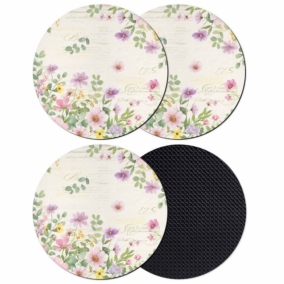 Pink Purple Flower Coasters Set of 4, Absorbent Coasters for Drinks, Spring Vintage Country Floral Leaf Plant Coaster for Desk Coffee Table Protection, Home Decor House Warming Gifts 4"