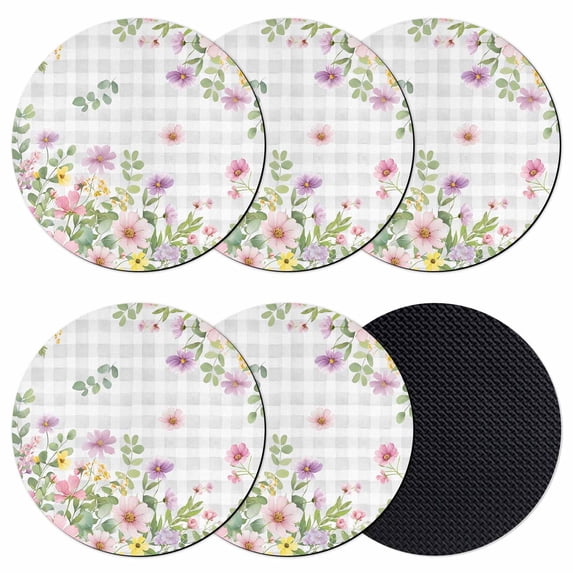 Pink Purple Flower Coasters Set of 6, Absorbent Coasters for Drinks, Spring Country Floral Leaf Grey Plaid Coaster for Desk Coffee Table Protection, Home Decor House Warming Gifts 4"