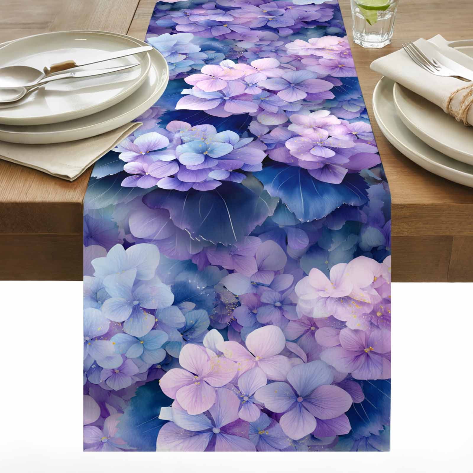 Pink Purple Flower Cotton Linen Table Runner Hydrangea Leaf Gradient ...