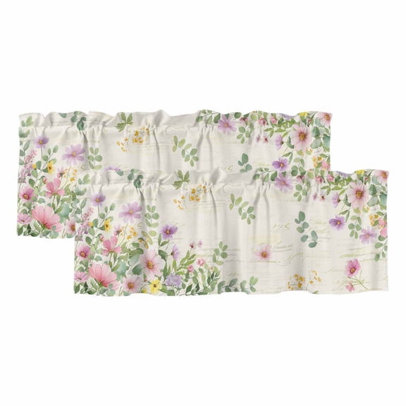 Pink Purple Flower Curtain Valances for Windows, Kitchen Valance Window Treatments Panel 2 Pack, Spring Vintage Country Floral Leaf Plant Rod Pocket Short Curtains for Bathroom Bedroom 42 x 12 Inch