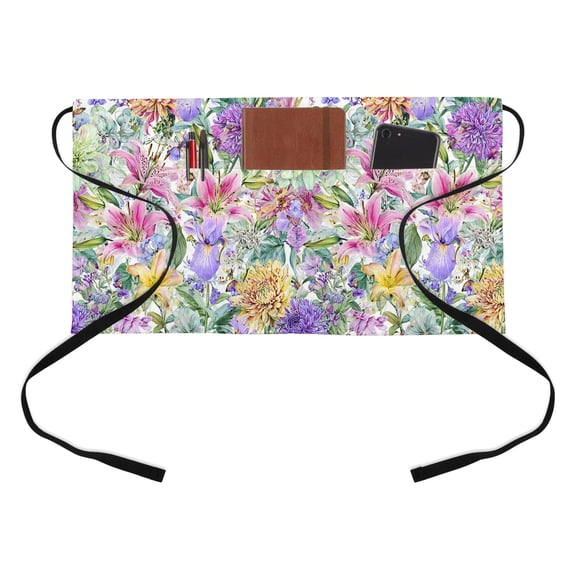Pink Purple Flower Half Waist Apron Country Pastoral Watercolor Lily Floral Leaf Short Waiter Aprons with 3 Pockets for Women Men Kitchen Restaurant Cooking