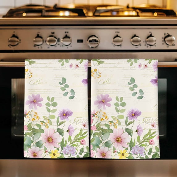 Pink Purple Flower Kitchen Towels Set of 3, Spring Vintage Country Floral Leaf Plant Absorbent Dish Towels for Kitchen, Microfiber Hand Towel, Quick Drying Tea Towel for Cleaning Dishcloths