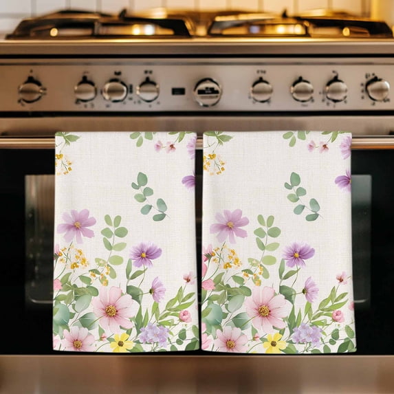 Pink Purple Flower Kitchen Towels Set of 4, Spring Farmhouse Country Floral Leaf Absorbent Dish Towels for Kitchen, Microfiber Hand Towel, Quick Drying Tea Towel for Cleaning Decorative Dishcloths