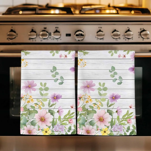 Pink Purple Flower Kitchen Towels Set of 4, Spring Farmhouse Floral Leaf Wood Grain Absorbent Dish Towels for Kitchen, Microfiber Hand Towel, Quick Drying Tea Towel for Cleaning Decorative Dishcloths