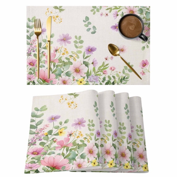 Pink Purple Flower Placemats Set of 6, Spring Farmhouse Country Floral Leaf Placemats for Dining Table, Place Mats for Kitchen Tabletop, Waterproof Wipeable Dining Table Mats Set