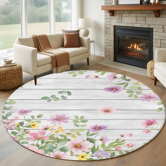 Pink Purple Flower Round Area Rug 8Ft Washable Large Circle Rugs for Living Room Dorm, Spring Farmhouse Floral Leaf Wood Grain Non-Slip Carpet Floor Mats Indoor Outdoor Carpet Runner Home Decor