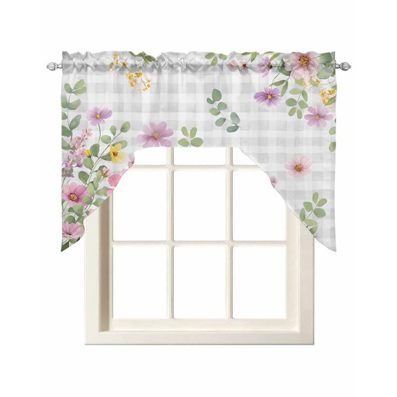 Pink Purple Flower Swag Valances for Windows, Small Curtains Drapes, Spring Country Floral Leaf Grey Plaid Kitchen Window Curtains Over Sink Window Treatment Valance for Bedroom/Bathroom 56"x36"