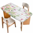 thumbnail image 1 of Pink Purple Flower Table Cloths for 3 Foot Rectangle Tables, Spring Farmhouse Floral Leaf Wood Grain Patio Waterproof Elastic Fitted Tablecloths, Washable Rectangular Table Cover for Camping, 1 of 8