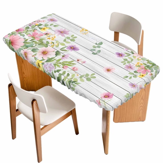 Pink Purple Flower Table Cloths for 3 Foot Rectangle Tables, Spring Farmhouse Floral Leaf Wood Grain Patio Waterproof Elastic Fitted Tablecloths, Washable Rectangular Table Cover for Camping