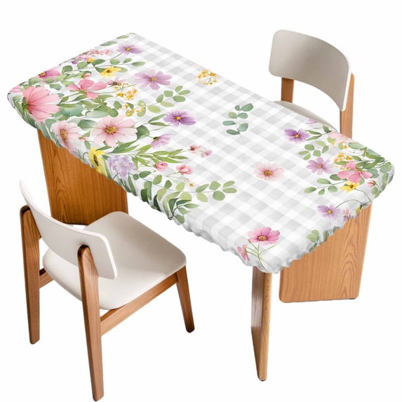 Pink Purple Flower Table Cloths for 4 Foot Rectangle Tables, Spring Country Floral Leaf Grey Plaid Patio Waterproof Elastic Fitted Tablecloths, Washable Rectangular Table Cover for Camping