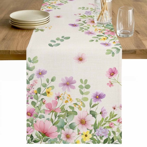 Pink Purple Flower Table Runner - 70 Inch Long Spring Farmhouse Country Floral Leaf Cotton and Linen Blended Dress Scarves Farmhouse Table Runner for Kitchen Dining, Coffee Table, 13" x 70"