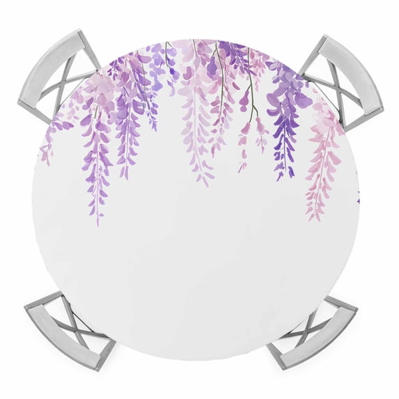 Pink Purple Flowers Elastic Fitted Round Table Cover Spring Scenery Waterproof Outdoor Tablecloth for Holiday Party, Picnic, Patio & Dining Fits Tables Up to 45"-54"