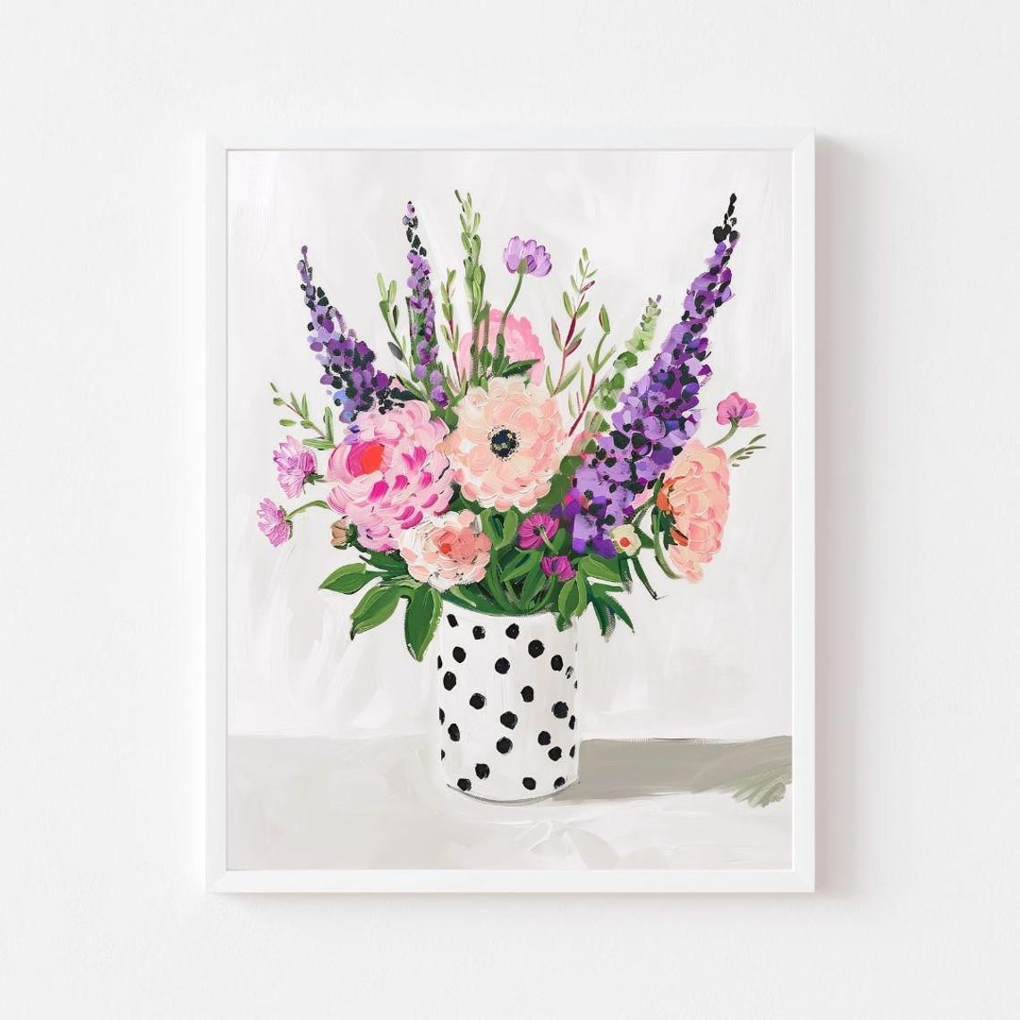 Pink Purple Flowers In Polka Dot Vase Painting Whimsical Floral Wall ...