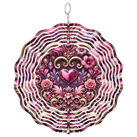 Pink Purple Gem Heart 3D Wind Spinner Stainless Steel Kinetic Art Love Decor Round