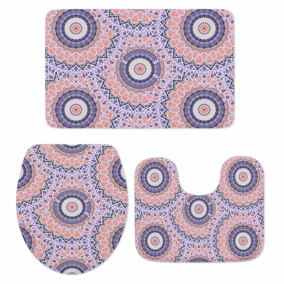 Pink Purple Geometric Bath Mat 3 Piece Bathroom Rug Set, Ethnic Indian Modern Abstract Art Non Slip Bath Rug Contour Mat and Toilet Lid Cover, Absorbent Shower Mats Soft Bath Rugs and Mats Sets