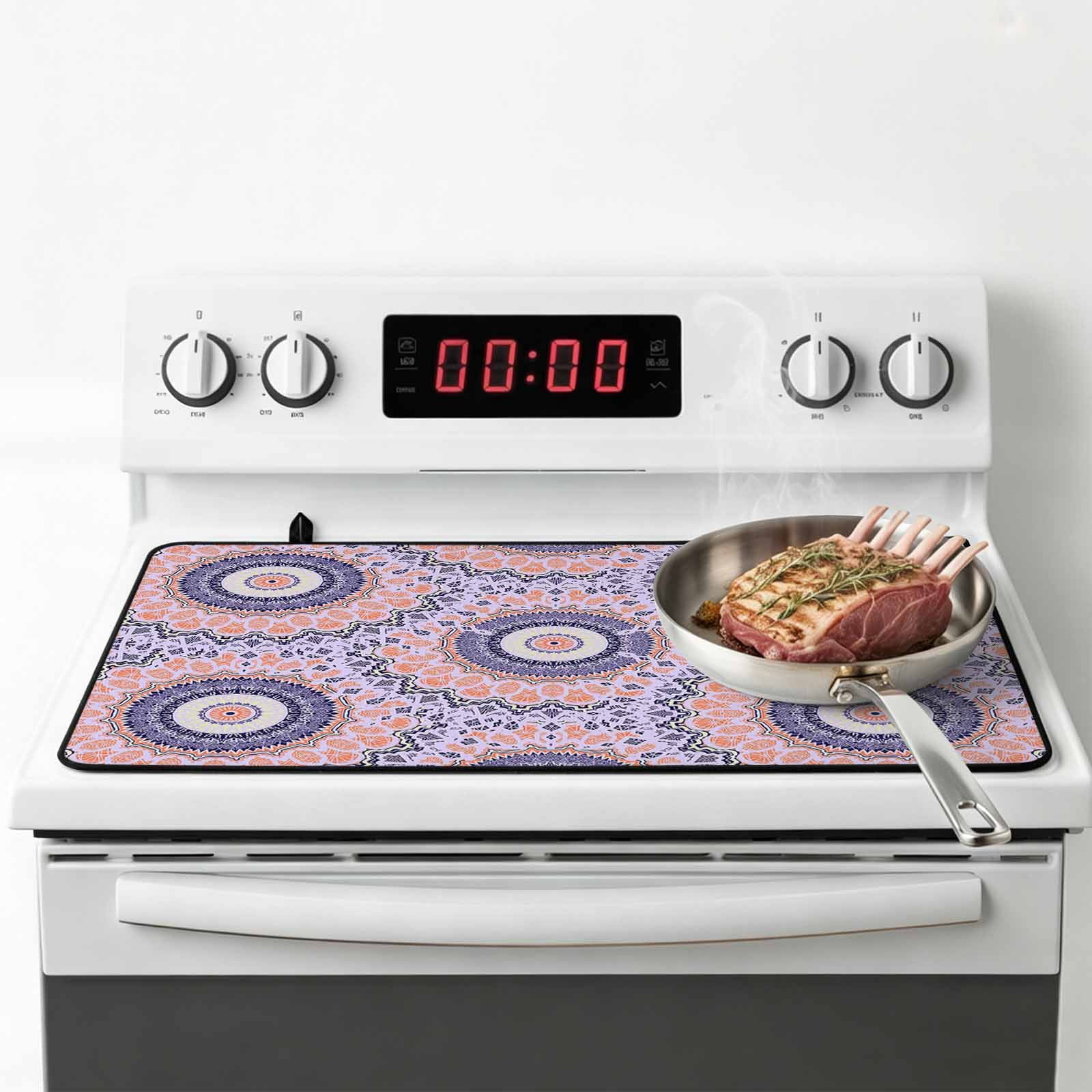 Pink Purple Geometric Stove Top Cover for Electric Stove, Heat-proof & Non Slip Glass Top Stove Cover Protector, Ethnic Indian Modern Abstract Art Kitchen Flat Cooktop Rubber Mat 24x21 Inches