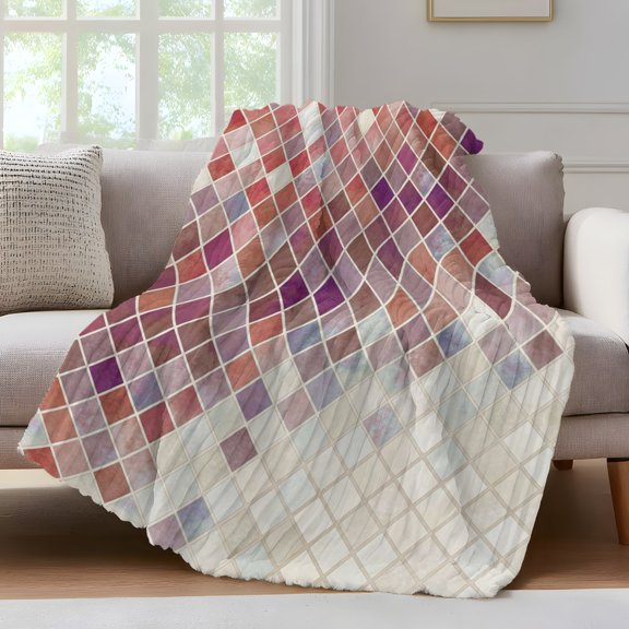 Pink Purple Gradient Mosaic Throw Blanket for Couch Grid Abstract Color Block Soft and Warm Flannel 3D Striped Fluffy Fuzzy Fleece Blanket Lightweight Throw for Bed, Sofa 40 x 50 Inches