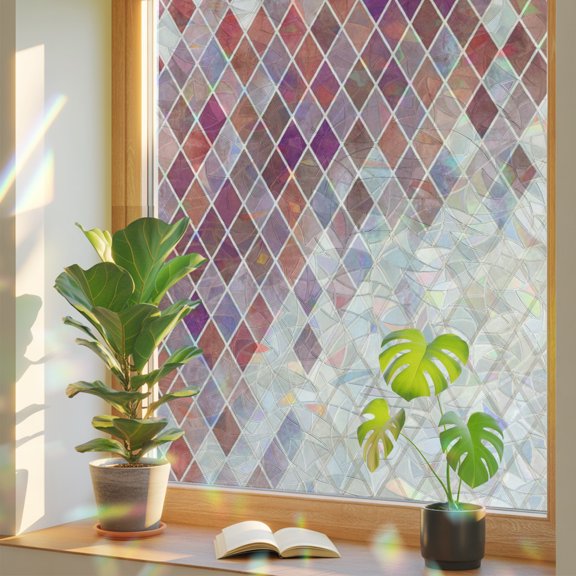 Pink Purple Gradient Mosaic Window Privacy Film, Grid Abstract Color Block Stained Glass Rainbow Film Decorative Window Clings, Static Cling Sun Blocking Stickers 17.7" x 39.3"