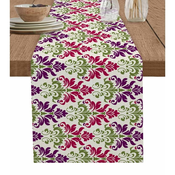 Pink Purple Green Burlap-Cotton Table Runner 36 Inches Long,Modern Ethnic Geometric Abstract Farmhouse Table Runners,Outdoor Dining Tablecloths Decor for Baby Shower Party Wedding 13x36