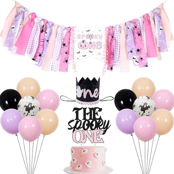 Pink and Purple Halloween 1st Birthday Party Decorations Girl, Spooky One Highchair Banner, Birthday Hat, Cake Topper, Pastel Ghost Balloons for First Birthday Party Supplies