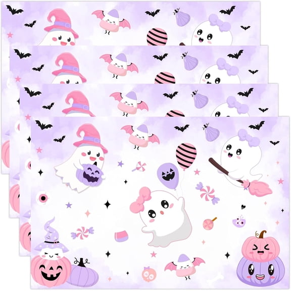 Pink Purple Halloween Ghost Table Placemats Set of 4, 12x18 Inch Halloween Pumpkin Washable Placemats Non Slip Heat-Resistant Halloween Placemats for Kitchen Table Party Dining Decoration