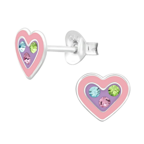 Pink & Purple Heart 925 Sterling Silver Stud Earrings with Crystals