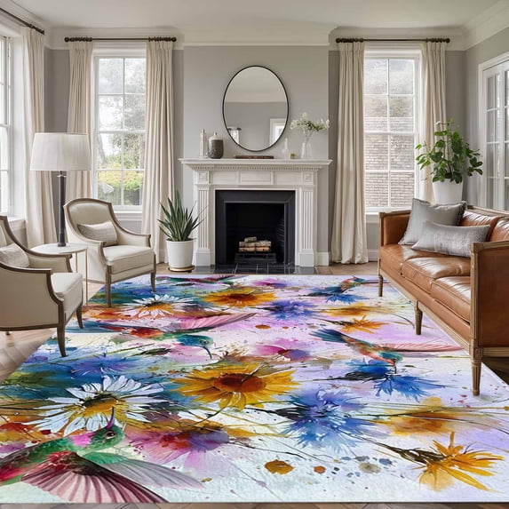Pink Purple Hummingbird Area Rugs 5'x7', Washable Small Throw Rugs for Laundry Room Playroom, Spring Oil Painting Sunflowers Indoor Outdoor Rug Non-Slip Low Pile Carpet Runner Reversible Floor Mats